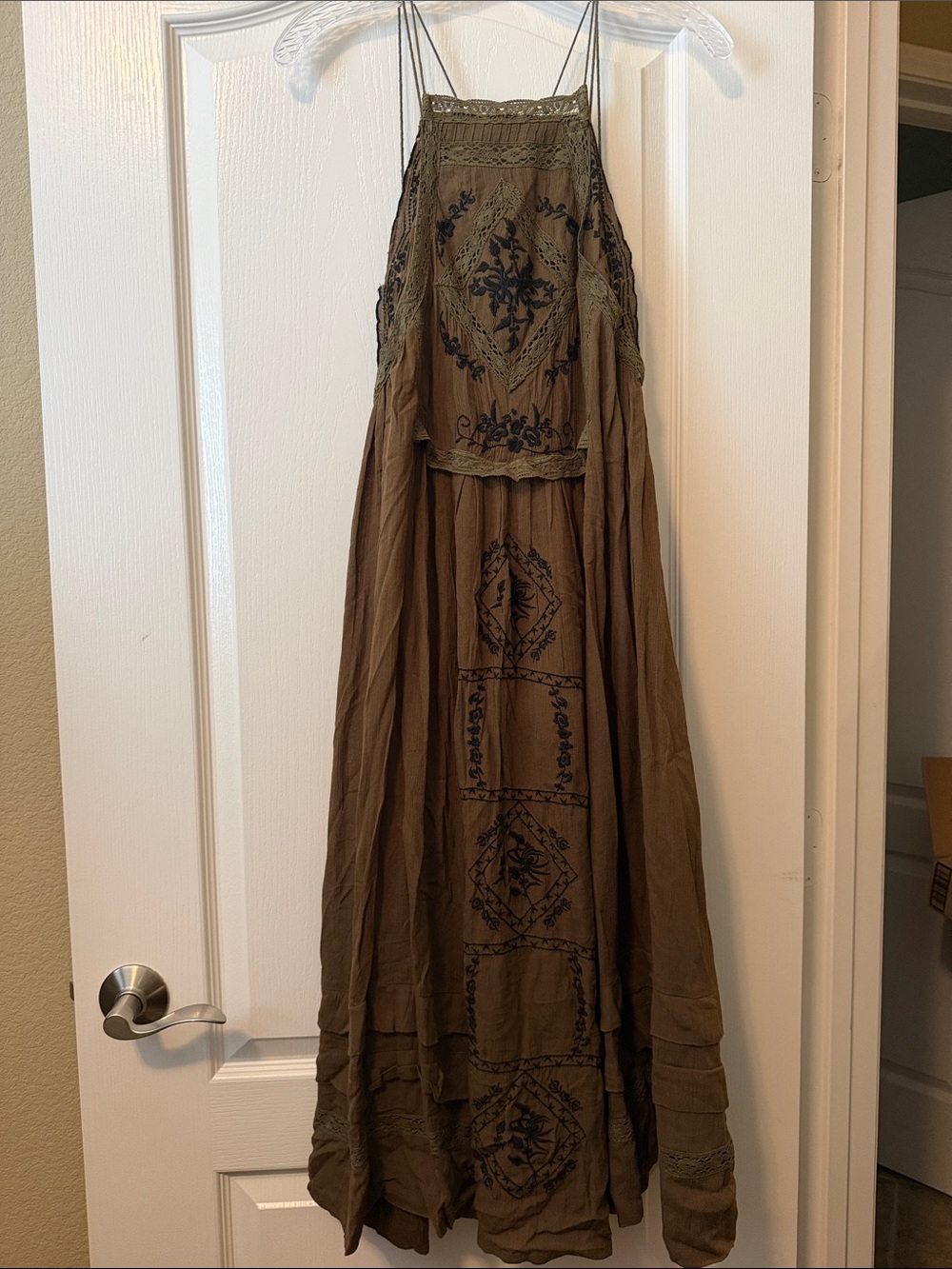 Free People Olive Green Embroidered Maxi Dress